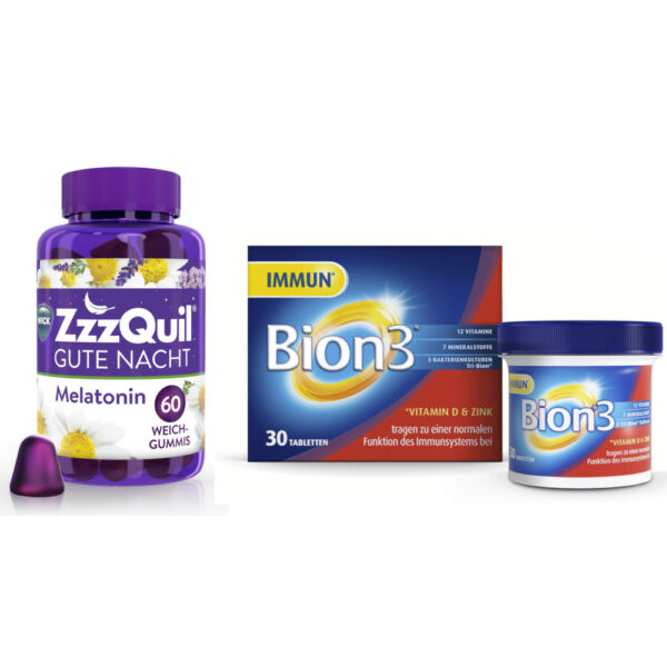 WICK ZzzQuil GUTE NACHT Melatonin Waldfruchtgeschmack + Bion 3 ENERGY Set