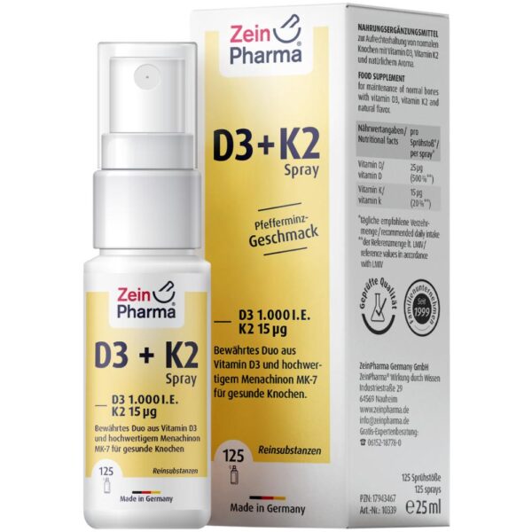 Zein Pharma VITAMIN D3+K2 Spray Pfefferminz-Geschmack 1.000 I.E. 15µg